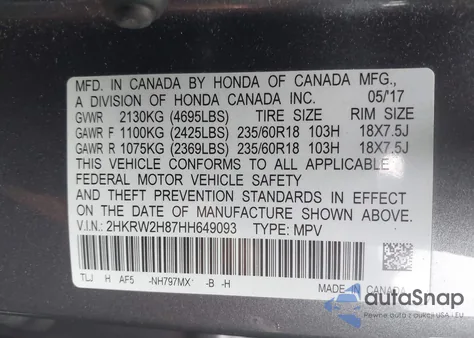 2017 Honda Cr-V Ex-L/Ex-L Navi из США, поврежденный, VIN 2HKRW2H87HH649093